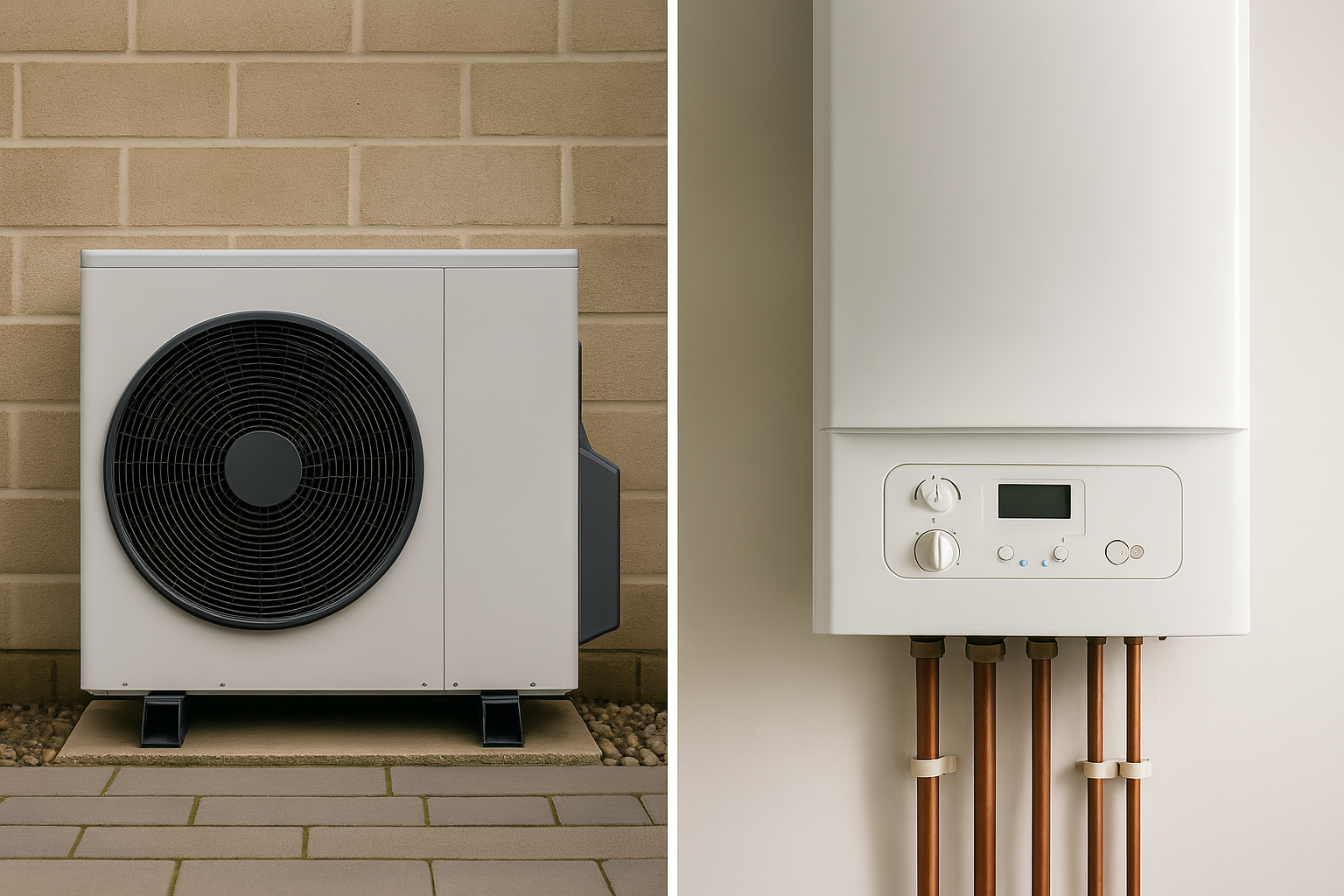 Air source heat pump unit and gas boiler comparison showing modern heating system options